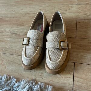 DV by Dolce Vita Cream Woven Loafers with Gold Buckle and Tan Platform